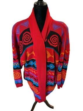 Center Aisle Cardigan Sweater Size 20W/40 Red Geometric Pattern